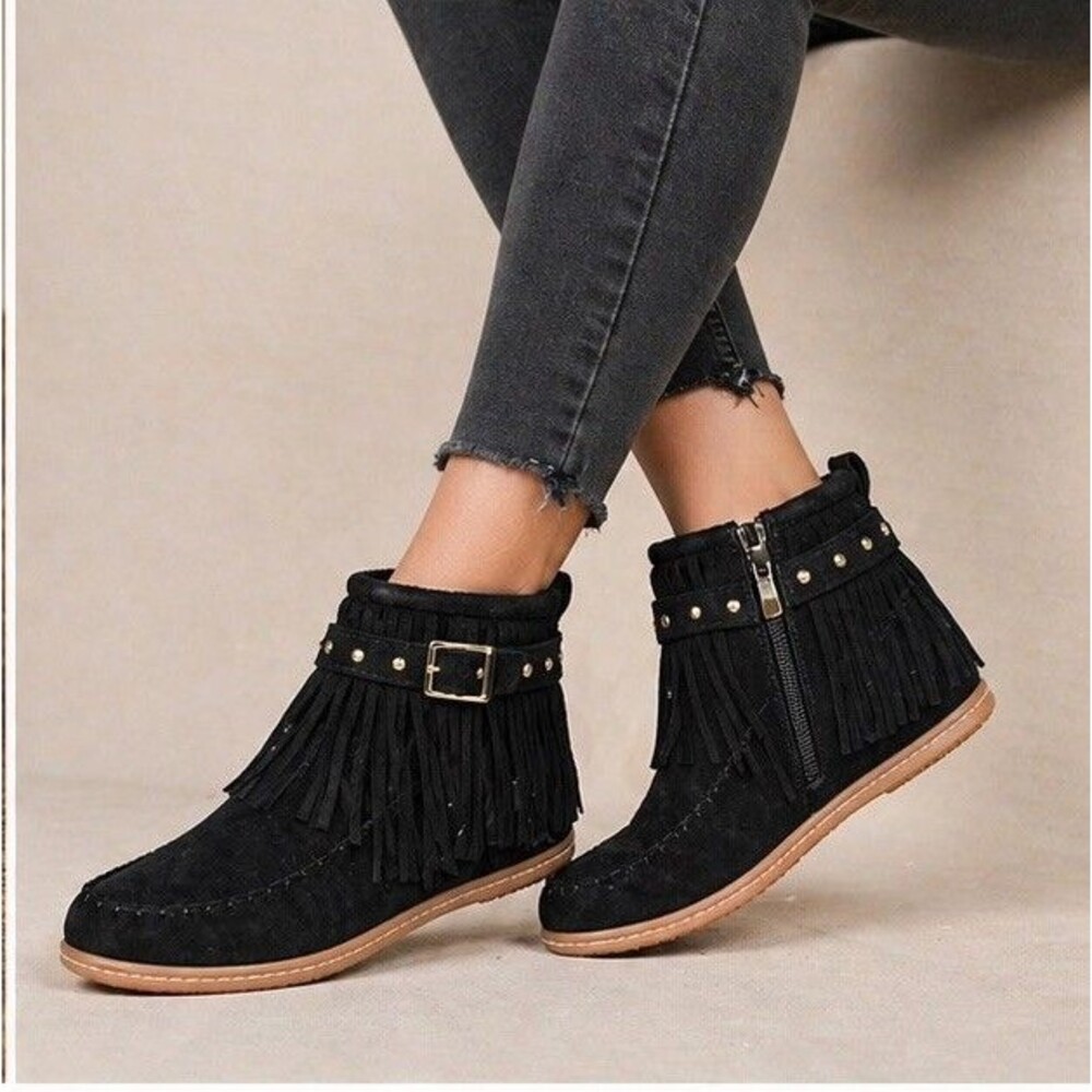 Women Boho Fringe Ankle Boots Black Suede Style Buckle Zip Flat Size 40